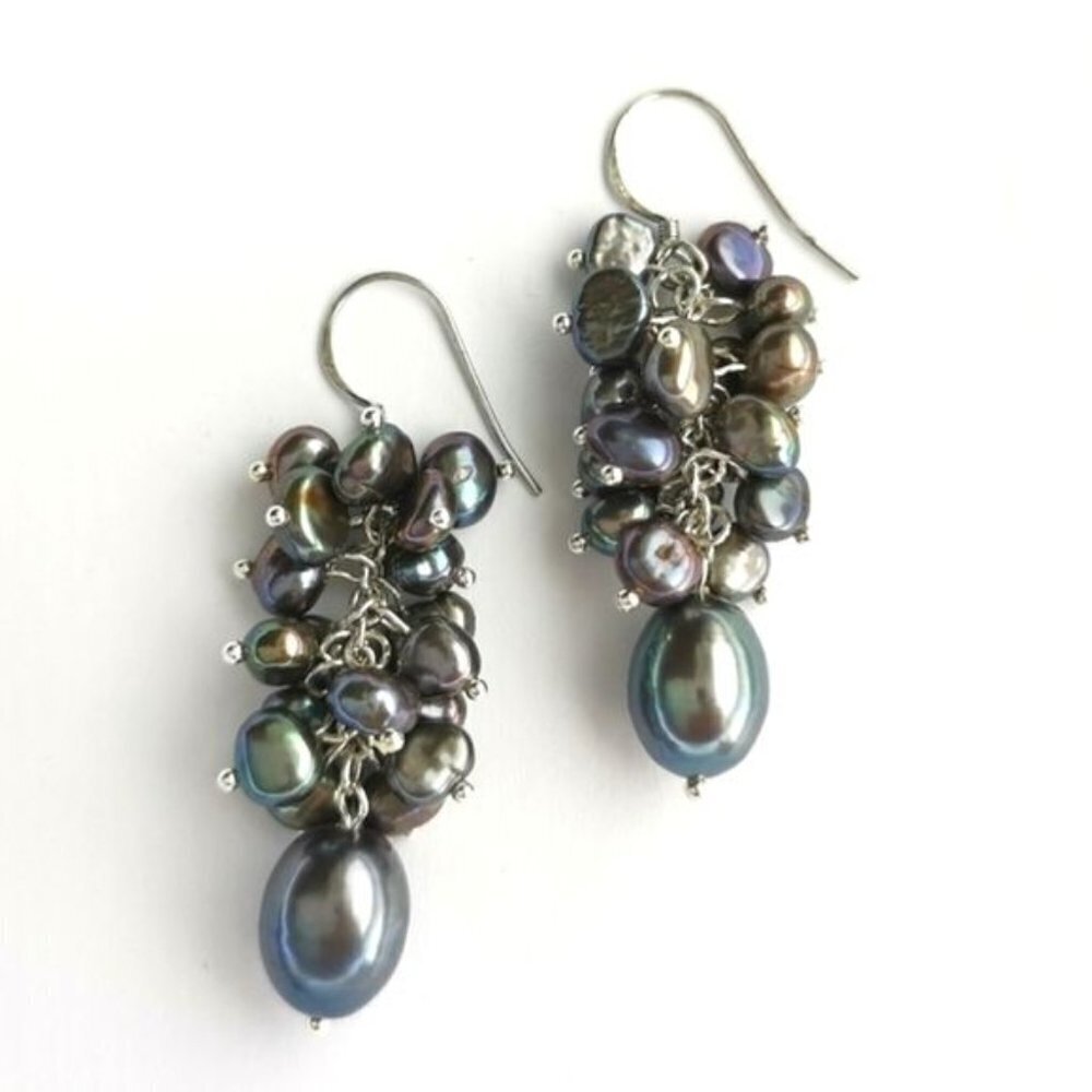 New Peacock Grey Freshwater Pearl Grape Dangle Earrings